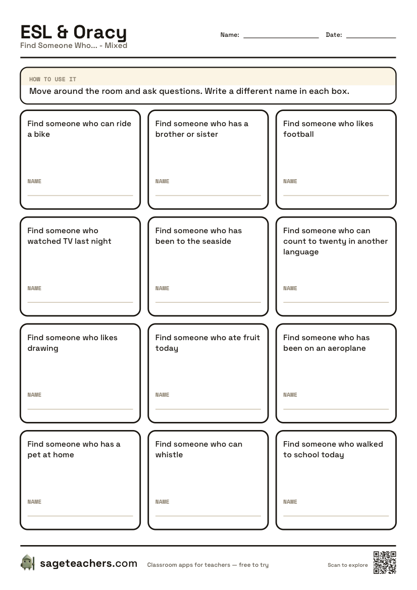 The printable Find Someone Who worksheet: twelve boxes on one A4 page, each starting Find someone who, such as can ride a bike or ate fruit today, with a line in each for a classmate's name.