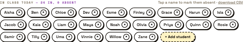 The Groupings class list, twenty-four names as tappable chips