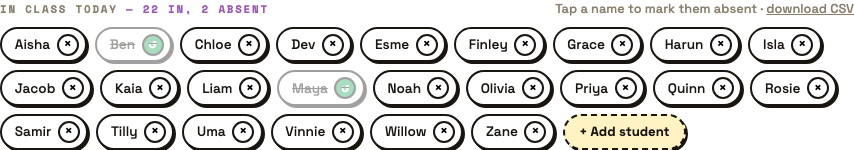 Two names struck through, the counter reading twenty-two in and two absent