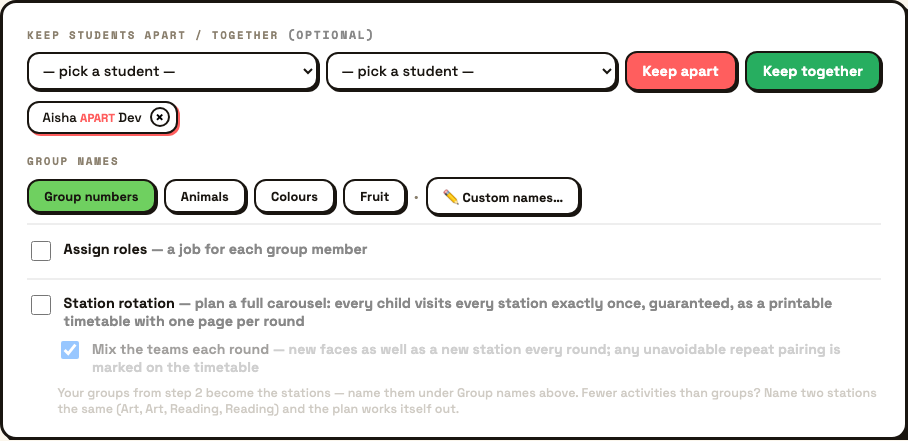 The advanced setup panel showing an Aisha apart Dev rule, group name themes, roles and station rotation