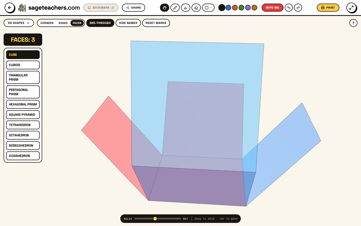 The 3D shapes tool on the whiteboard: a cube half folded open towards its net, the shape list down the left, the faces tally above it and the solid to net slider along the bottom.