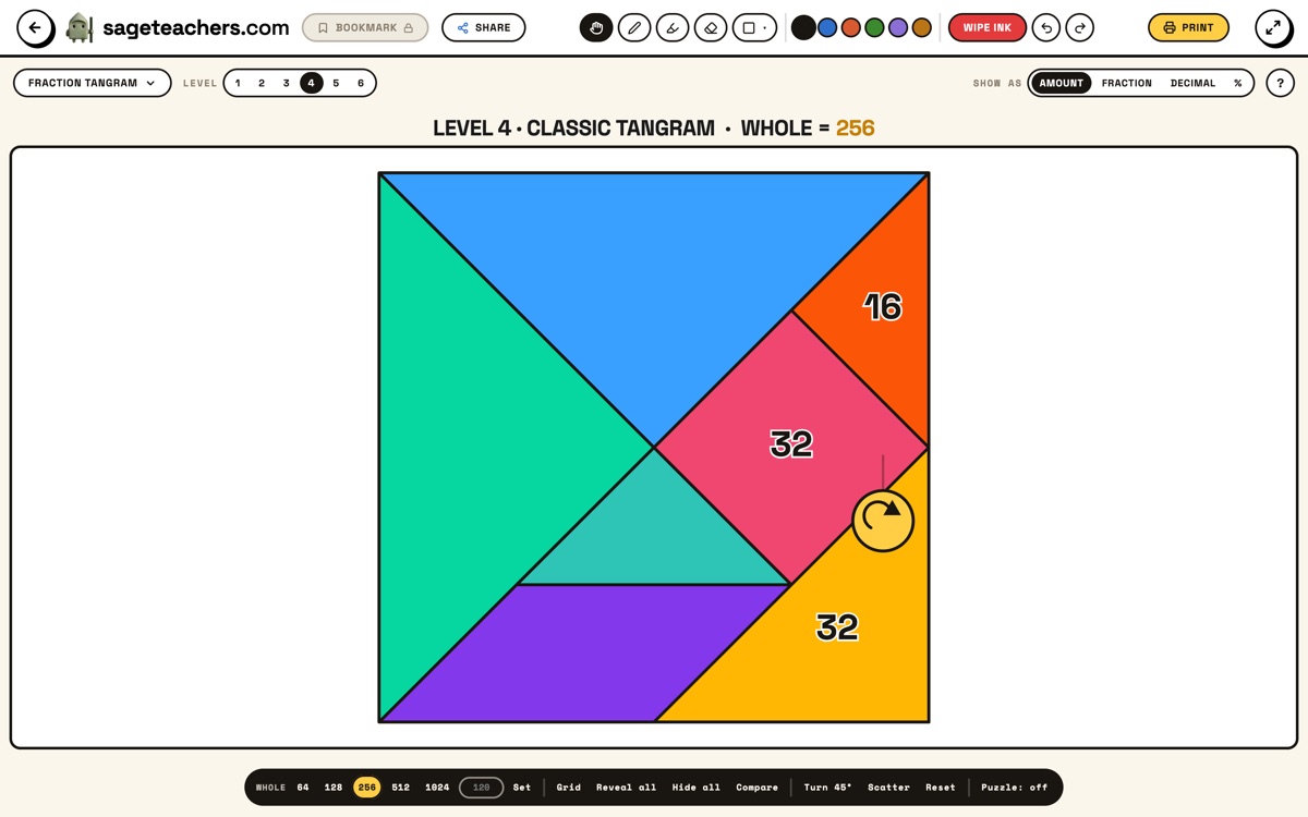 The fraction tangram on the whiteboard: the classic seven-piece tangram square in colour with the whole set to 256 and three pieces revealed as an eighth, an eighth and a sixteenth.