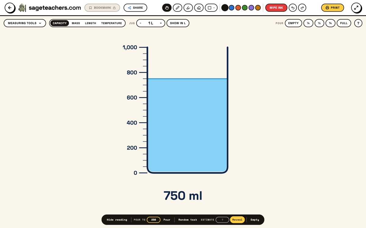 The measuring tools on the whiteboard: a one litre measuring jug part filled with blue liquid, the labelled scale down its left side, the reading underneath and the jug size and unit controls along the top.