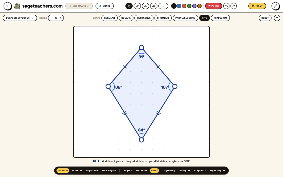 The polygon explorer on the whiteboard: a kite with its equal sides ticked and its angles labelled, the sides and shape buttons along the top, the angle and marks toggles in the black bar and the shape named underneath.