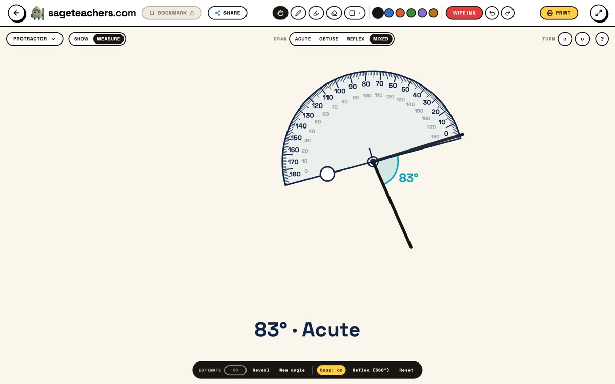 The protractor on the whiteboard: Measure mode, with a drawn angle and the protractor slid and turned onto it reading 83 degrees, the Show and Measure choice along the top and Estimate and Reveal in the black bar.