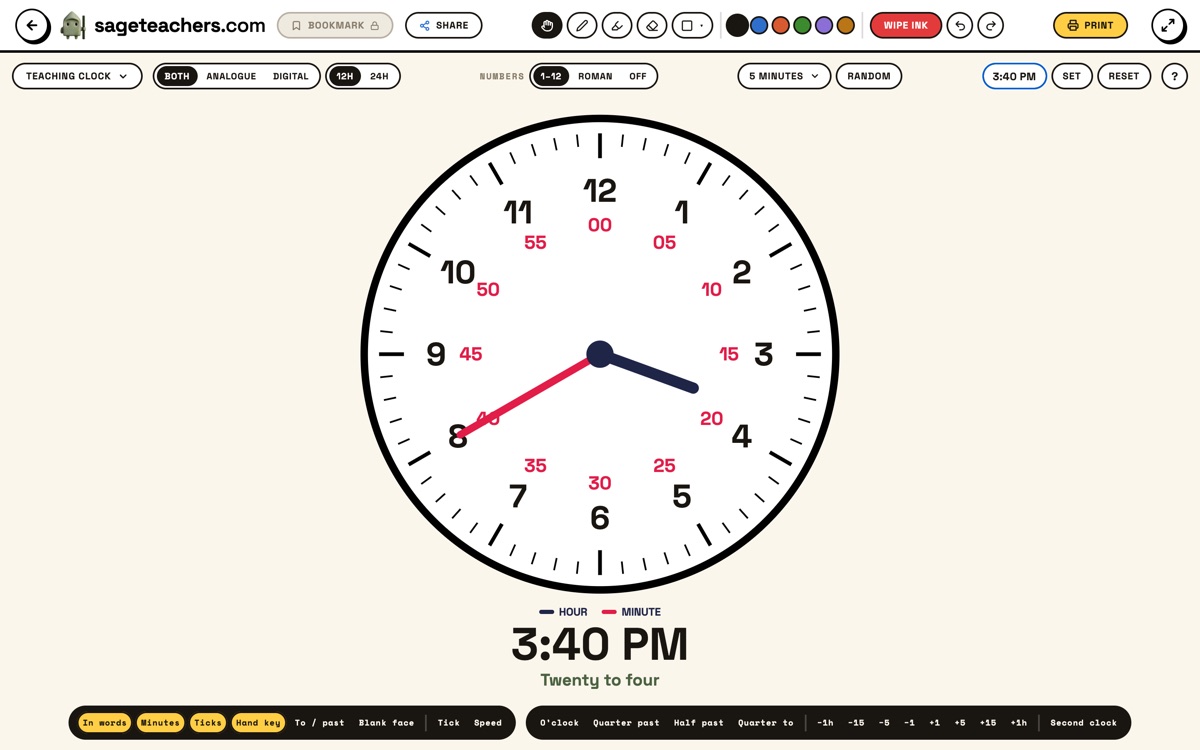 The teaching clock on the whiteboard: a large clock face reading twenty to four with the minutes ring turned on, the hand key and the time in words underneath, and the tool's controls along the top and bottom.