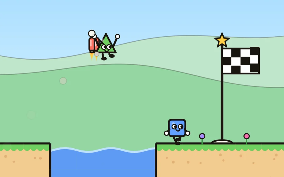 A green triangle on a jetpack flying over water towards the finish flag, with a blue square running on the ground