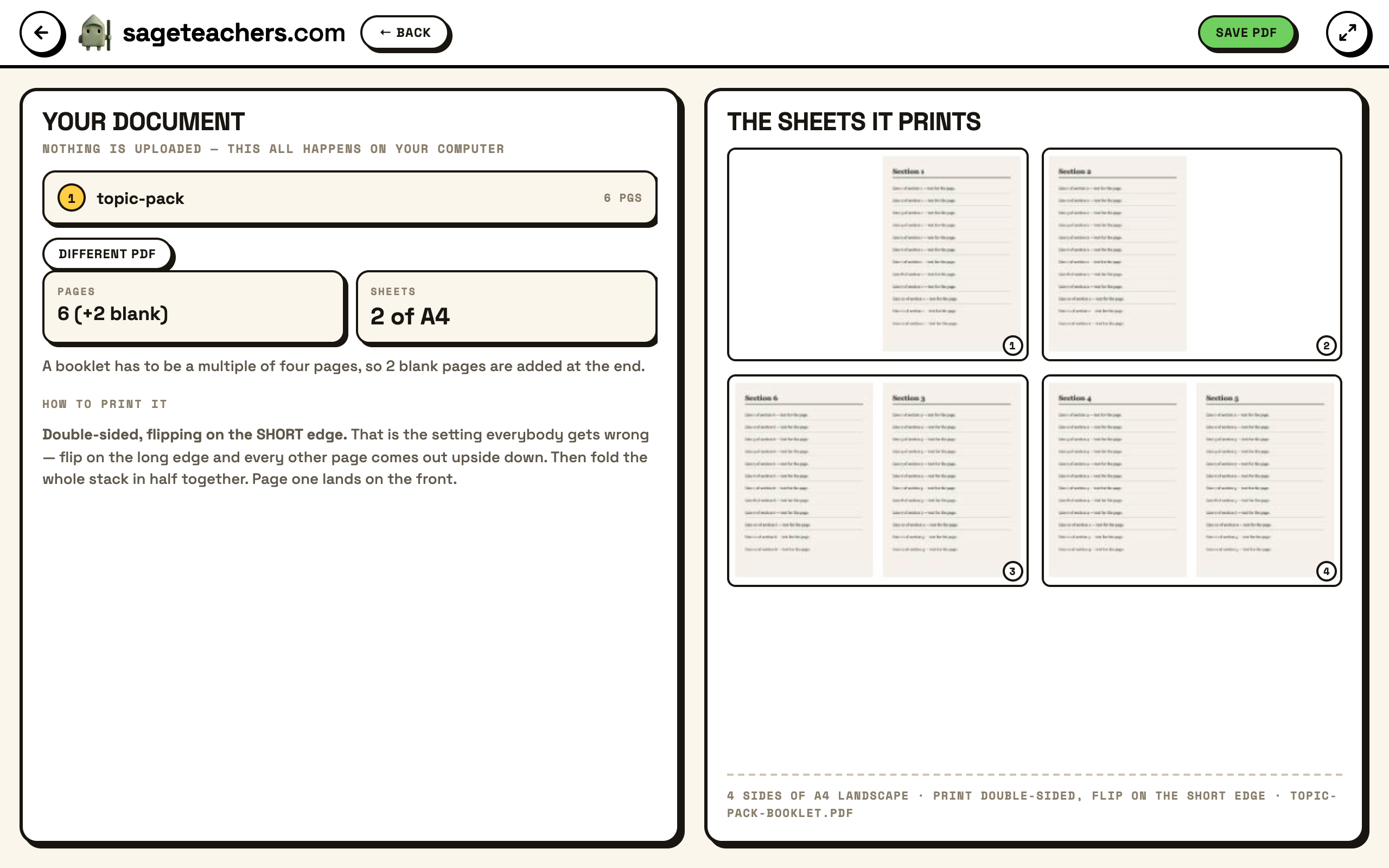 The Booklet Maker: the document and its page count on the left, and the landscape A4 sheets in booklet order on the right.