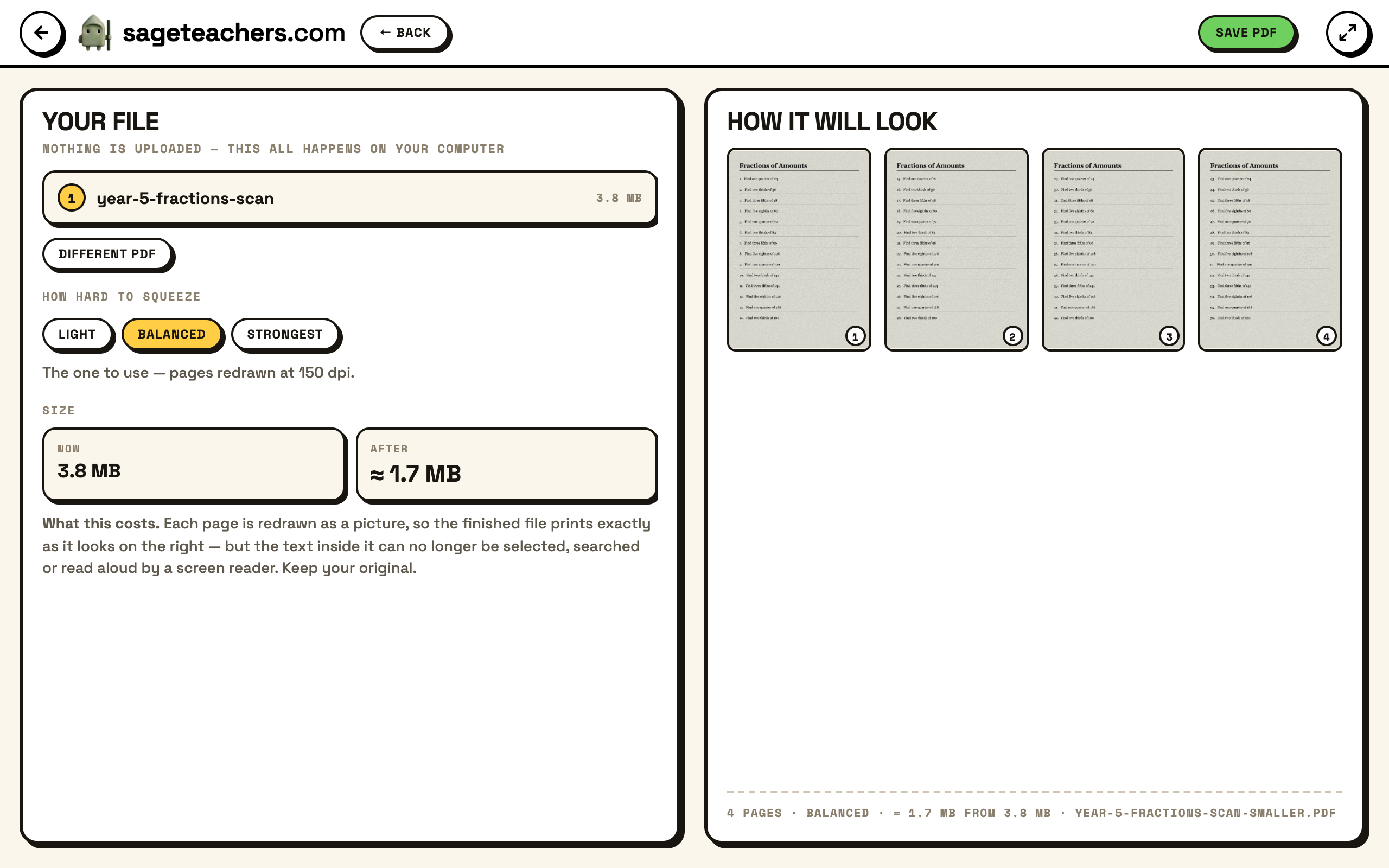 Compress PDF: the file, three squeeze settings and the before-and-after size on the left, with every page redrawn at that quality on the right.