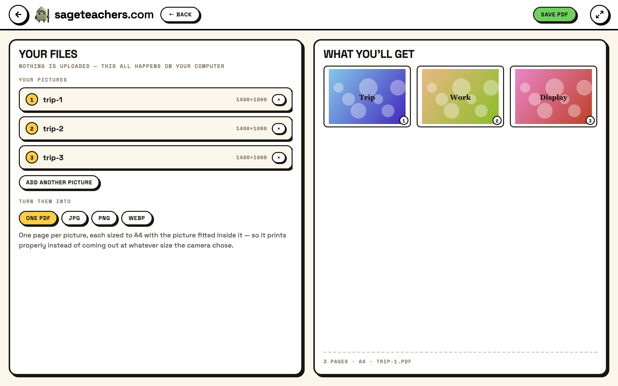 The Convert tool: photographs listed on the left with the output format chosen, and the pages of the finished PDF on the right.