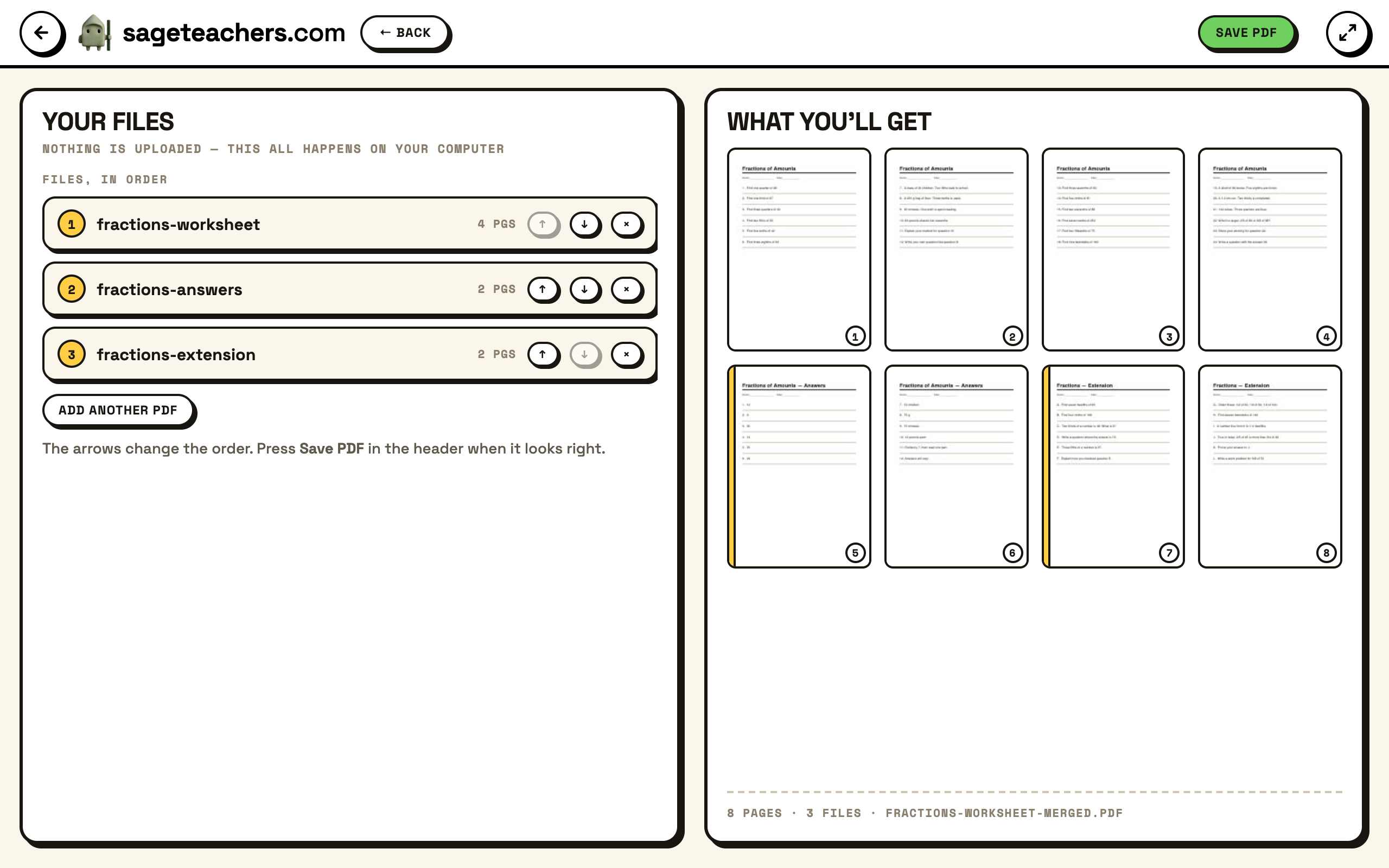 The Merge PDF tool: the list of files in order on the left, and every page of the finished document on the right.