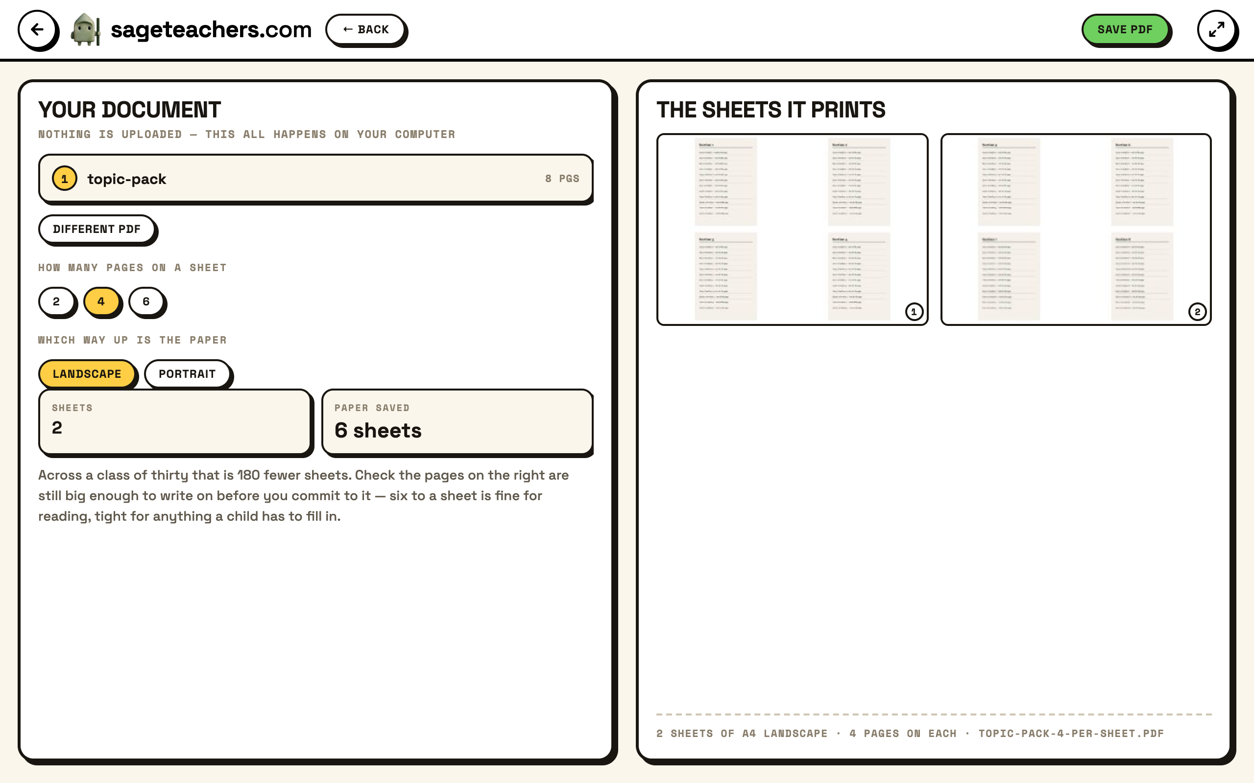 The multi-up tool: the number of pages per sheet chosen on the left, and the finished landscape sheets with four pages on each shown on the right.