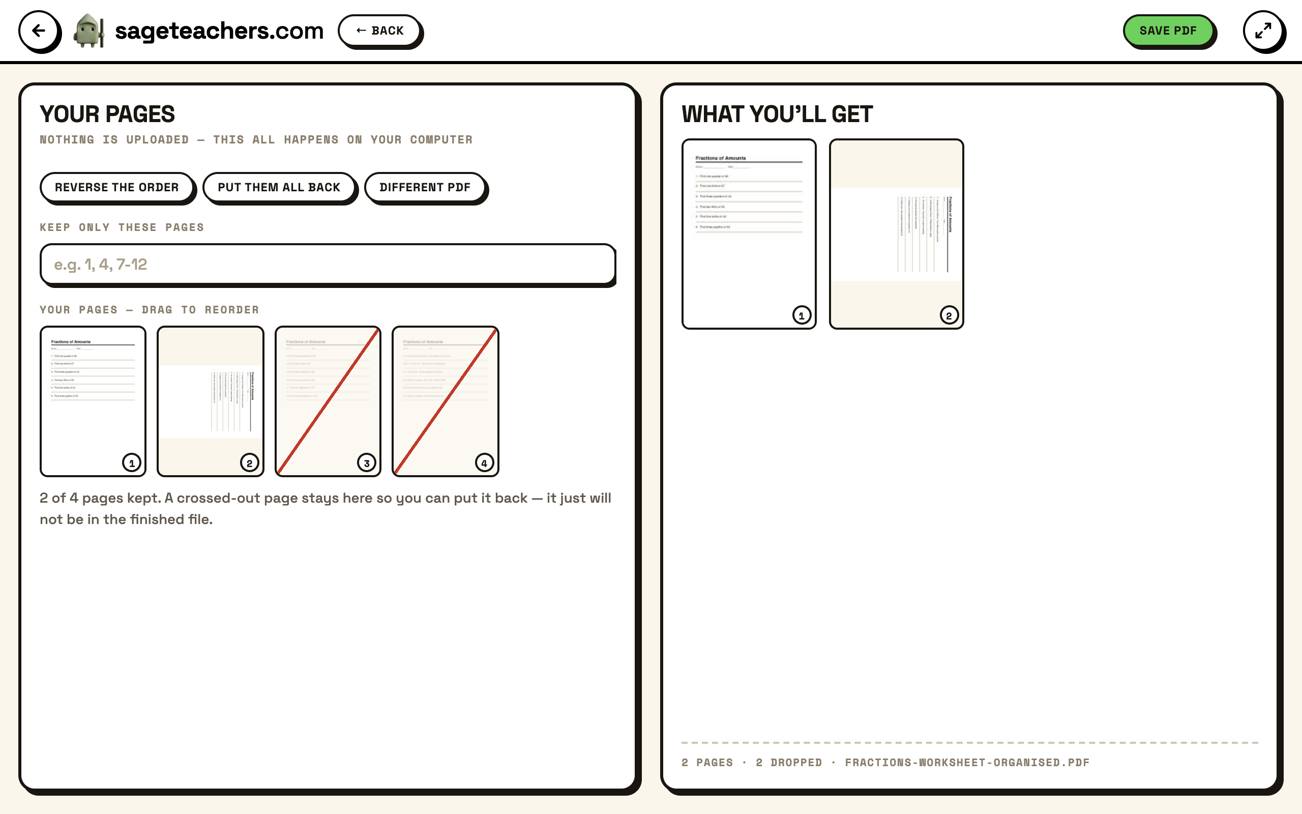 The page organiser: every page of the document on the left with two of them crossed out, and the finished renumbered document on the right.