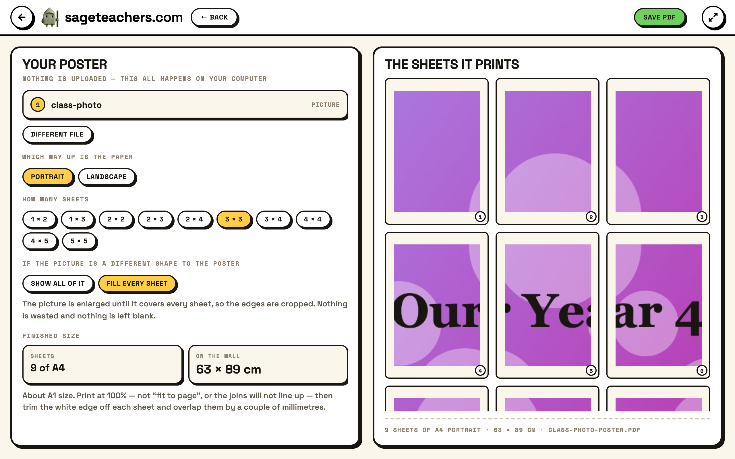 The Poster Printer: the grid and size options on the left, and the nine A4 sheets the poster will be printed on shown on the right.