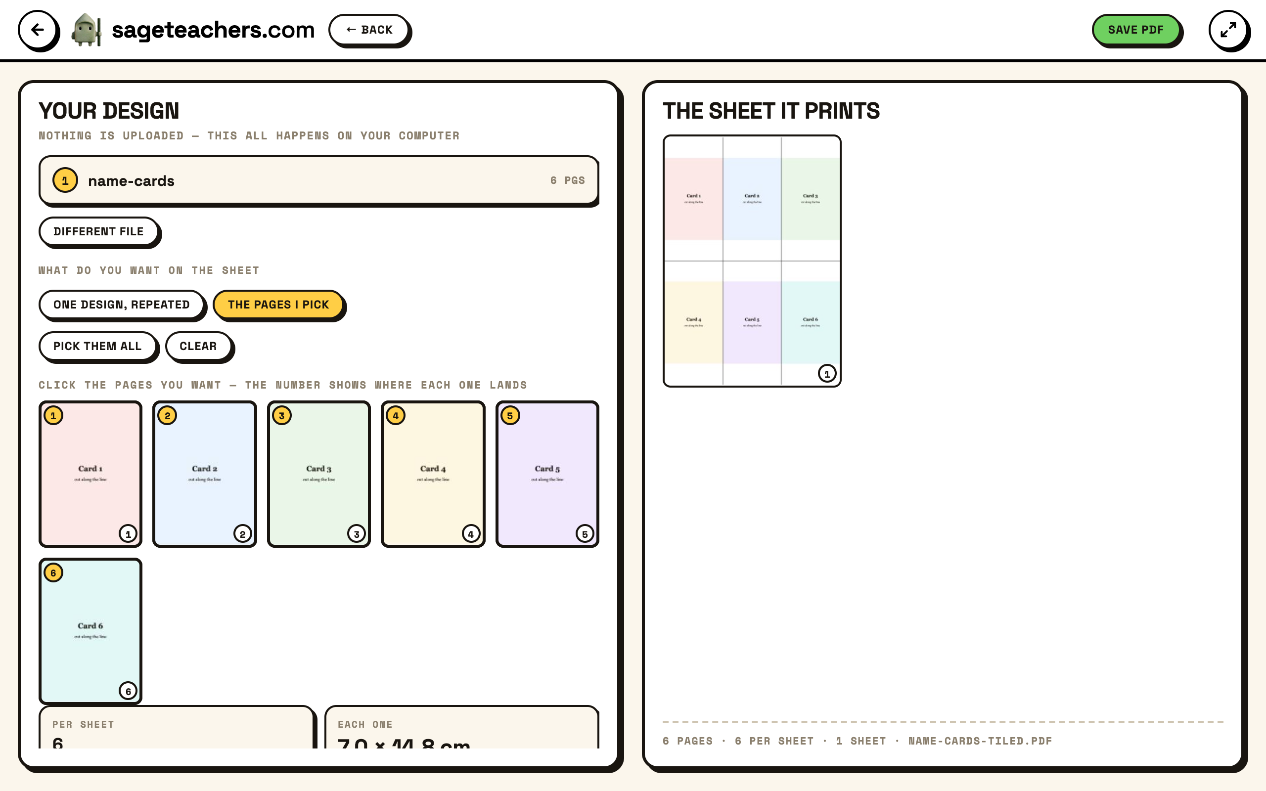 The Tile Sheet tool: the number across and down chosen on the left, and the A4 sheet with the design repeated six times on the right.