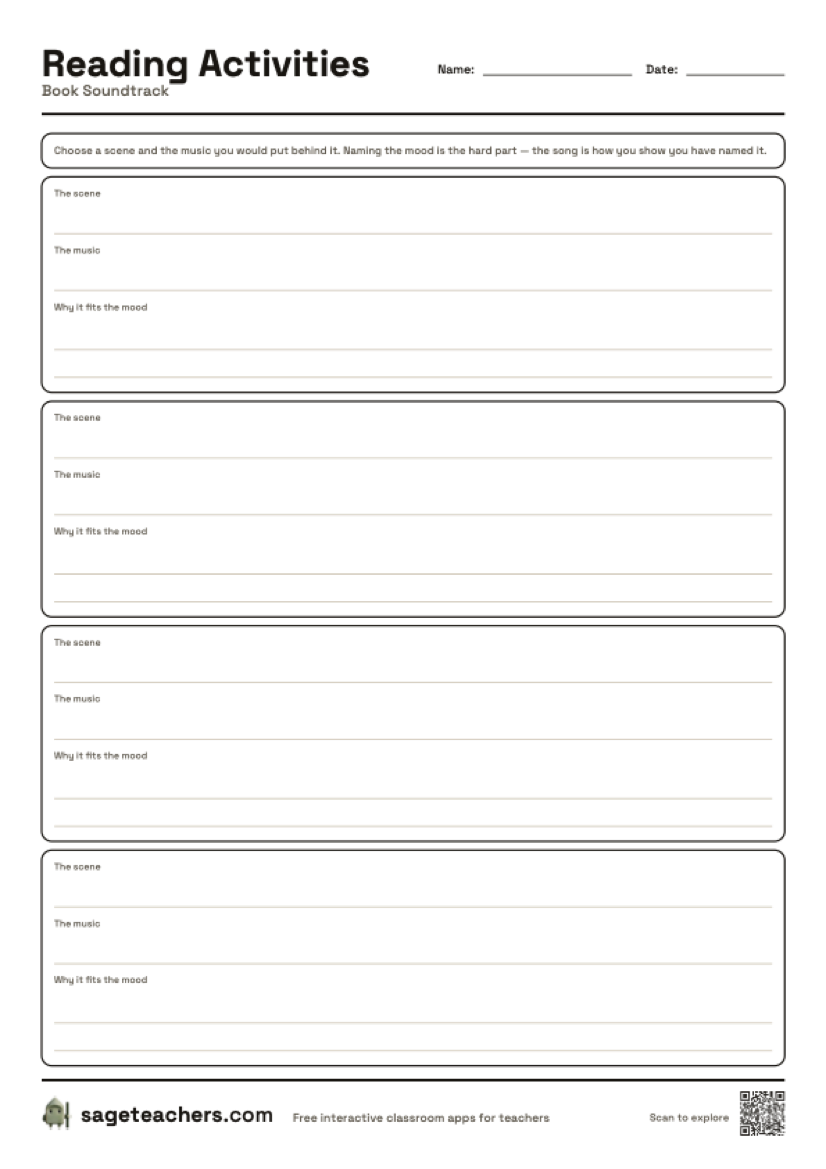 The printable book soundtrack sheet — rows for the scene, the music and the reason.