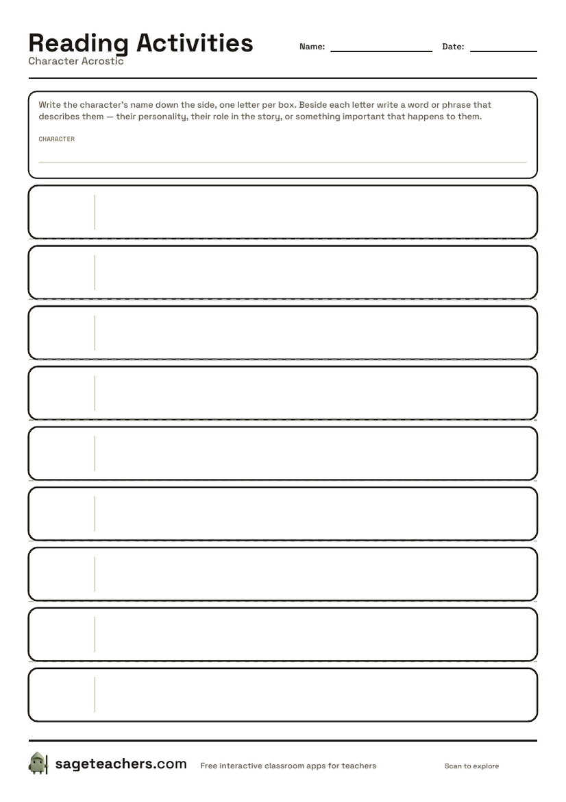 The printable character acrostic grid — a lettered box down the left with a writing line beside each one.