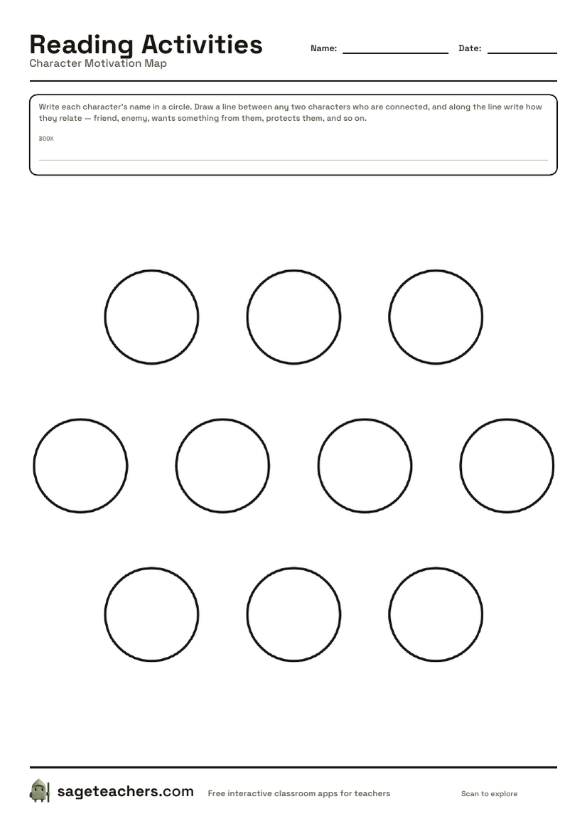 The printable character motivation map — ten blank circles to name characters in, with room to draw and label the lines between them.