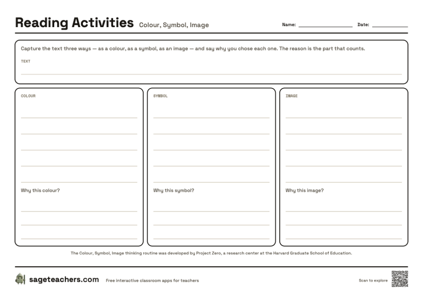 The printable colour, symbol, image sheet — three panels with room to explain each.