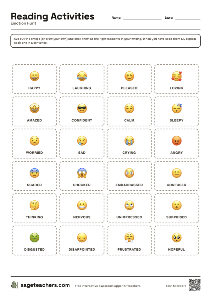 The printable emotion hunt sheet — rows for each moment with room to explain.
