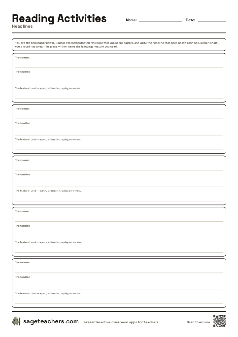 The printable headlines sheet — a grid of blank headline boxes.