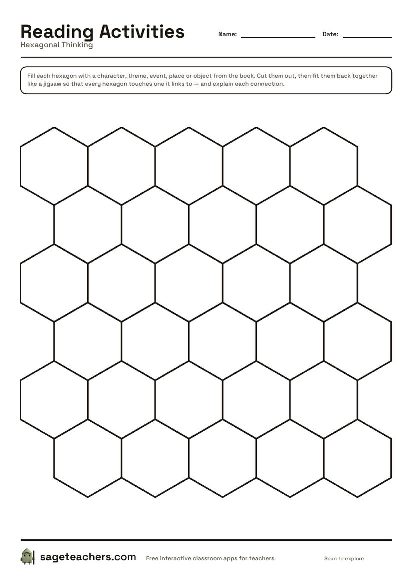 The printable hexagonal thinking template — a sheet of blank hexagons to fill in and cut out.