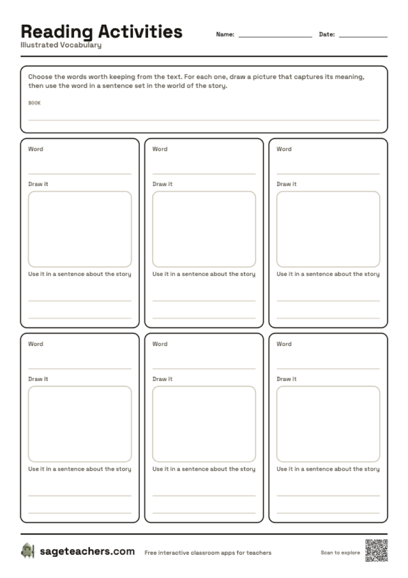 The printable illustrated vocabulary sheet — blank cards with a drawing box and a sentence line.