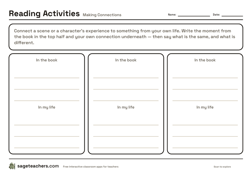 The printable making connections sheet — paired boxes for a moment from the book and the moment from your own life it connects to.