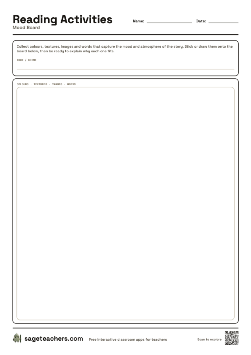 The printable mood board sheet — blank panels for colours, images and words.