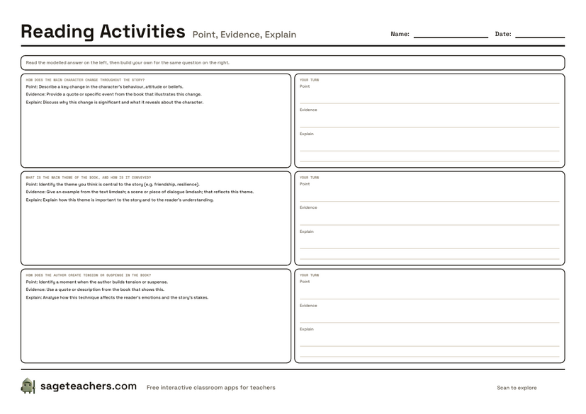 The printable point, evidence, explain sheet — a worked example followed by blank boxes for the pupil's own answer.