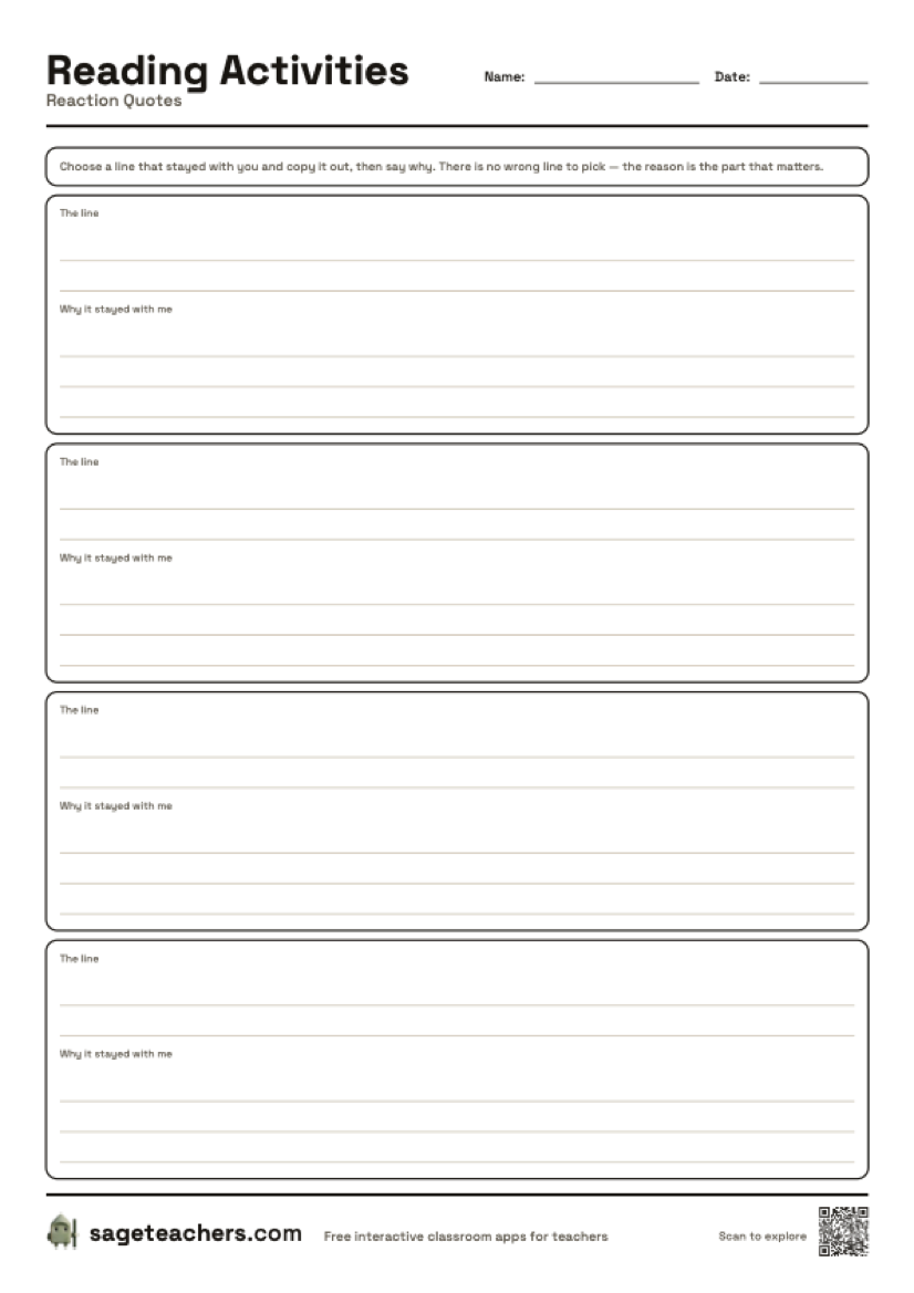 The printable reaction quotes sheet — space for a quotation and a response.