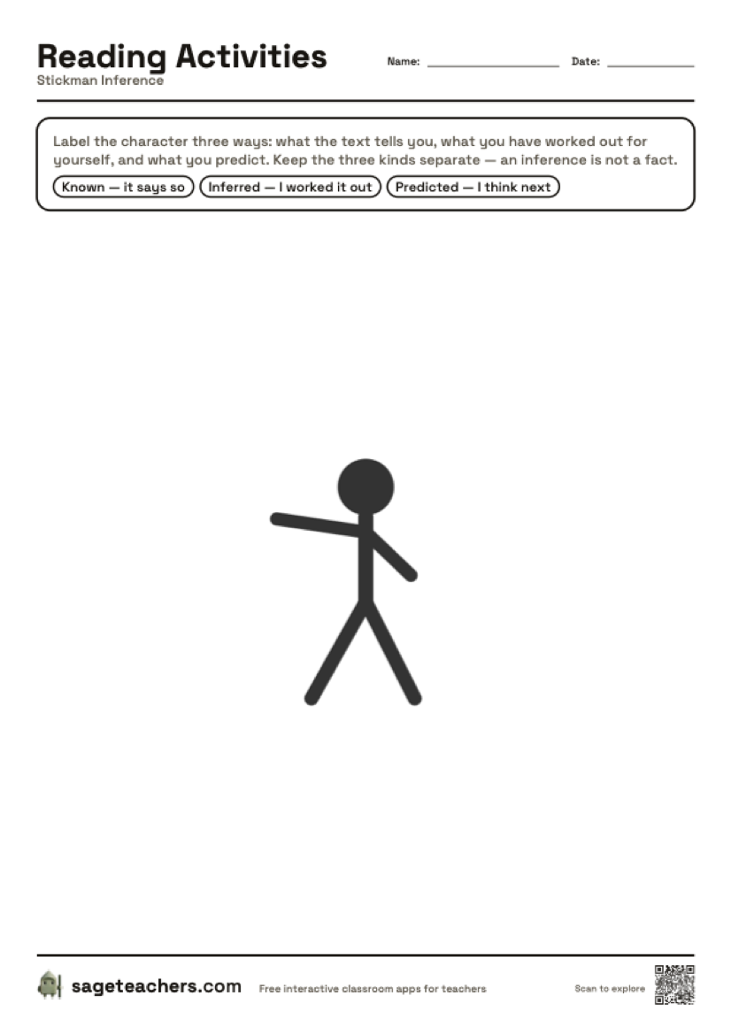 The printable stickman inference sheet — a blank figure to label with what you know, infer and predict.