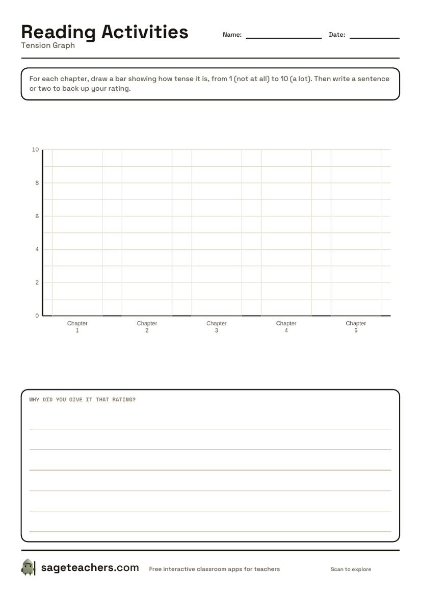The printable tension graph — blank bars for each chapter from 1 to 10, with lines underneath to justify the rating.