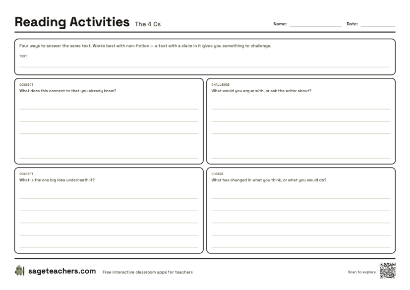 The printable 4 Cs sheet — one box for each of connect, challenge, concept and change.