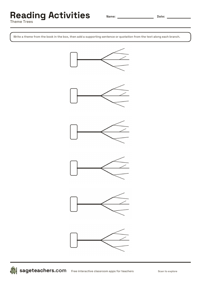 The printable theme tree sheet — six blank trees, each with a root box for the theme and branches for the evidence.