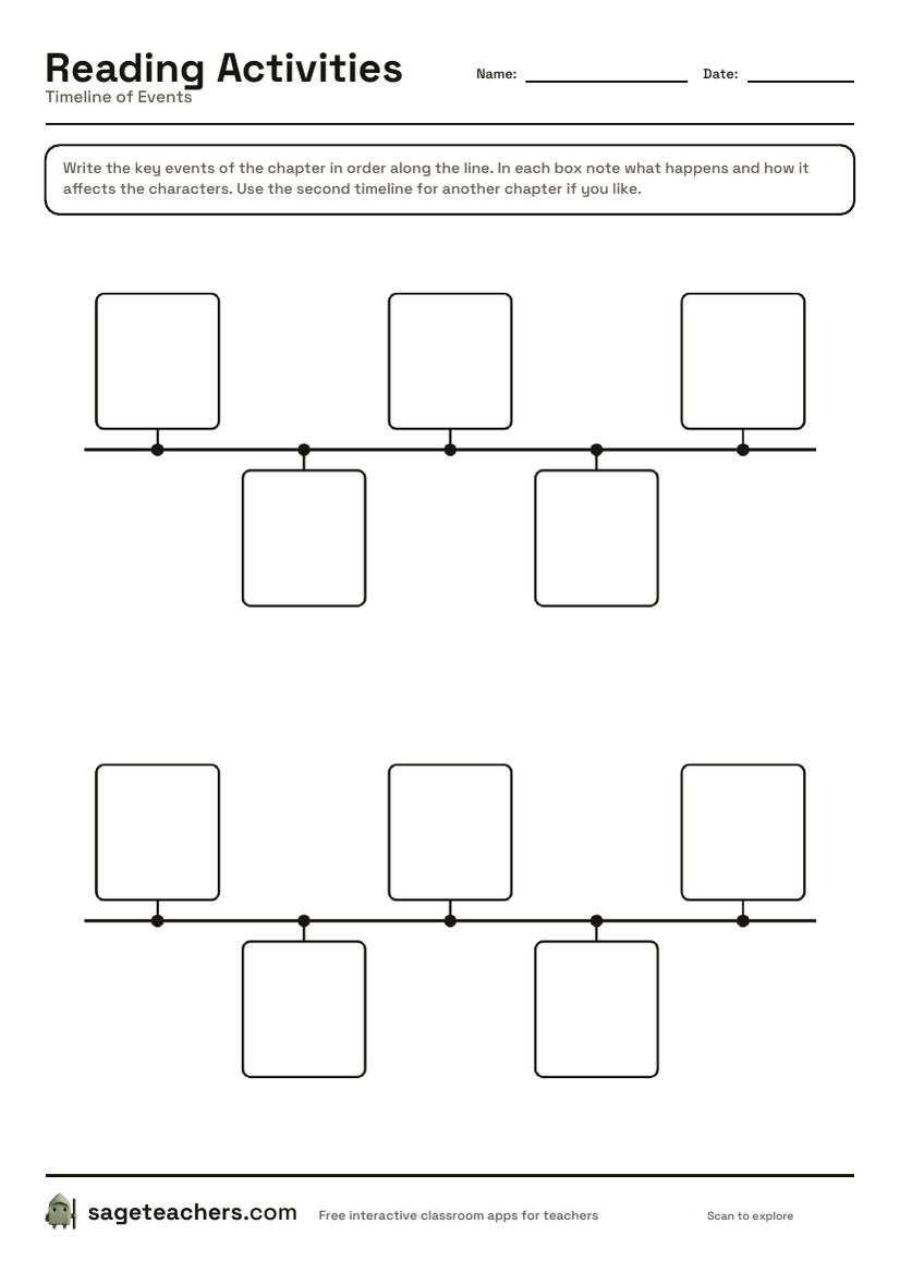 The printable story timeline — a row of event boxes along a line, with space under each for how it affects the characters.