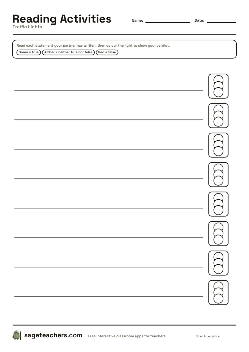 The printable traffic lights sheet — a row of red, amber and green lights beside each statement line.
