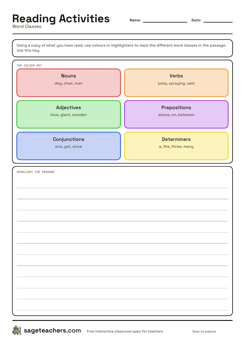 The printable word classes sheet — the colour key for nouns, verbs, adjectives and adverbs, with room to highlight a passage against it.