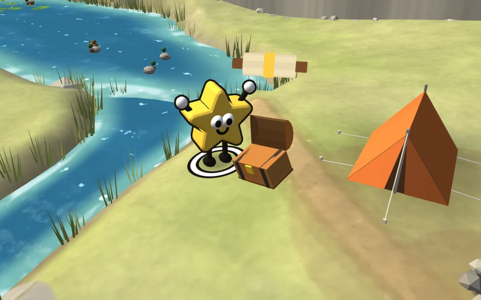 A yellow star pupil cheering as a scroll rises out of a treasure chest by the camp