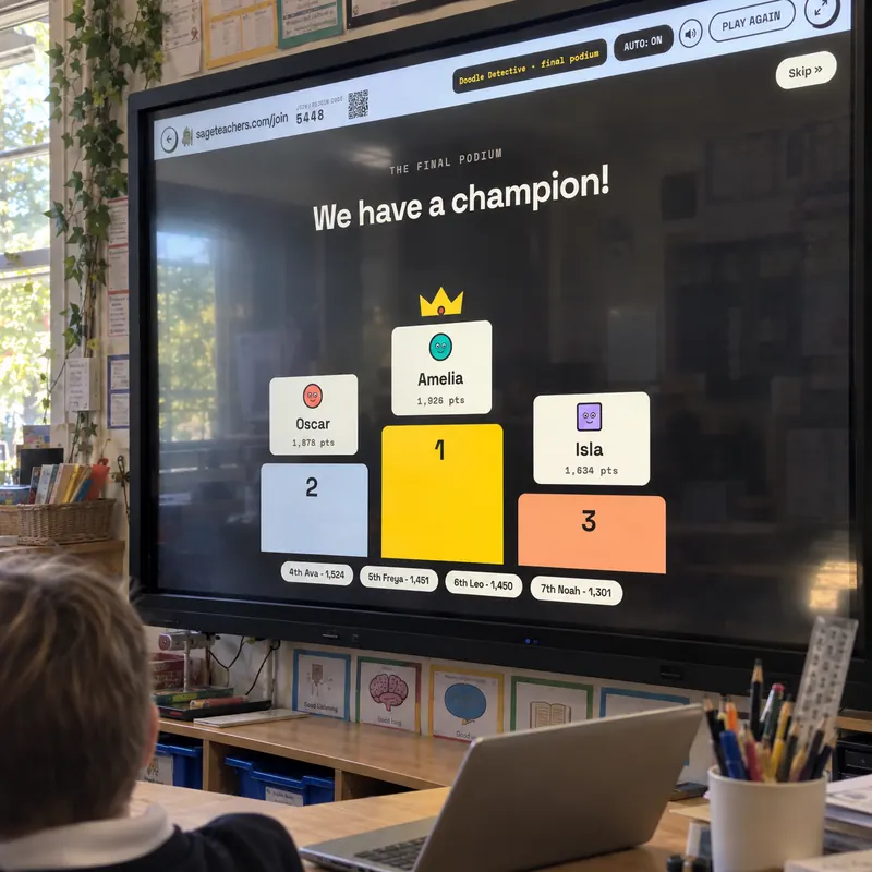 The Doodle Detective winners' podium on the classroom whiteboard