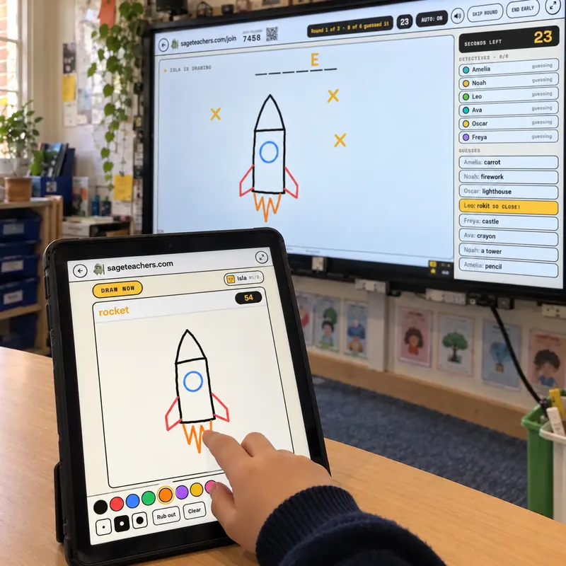 A pupil drawing the secret word on a tablet, with the drawing appearing on the classroom whiteboard