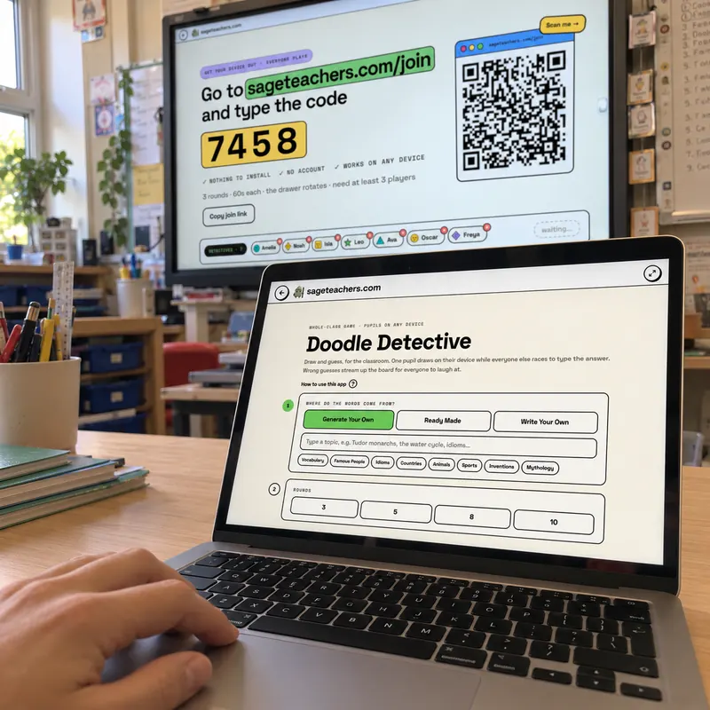 A teacher's laptop setting up Doodle Detective, with the join code and QR code on the classroom whiteboard