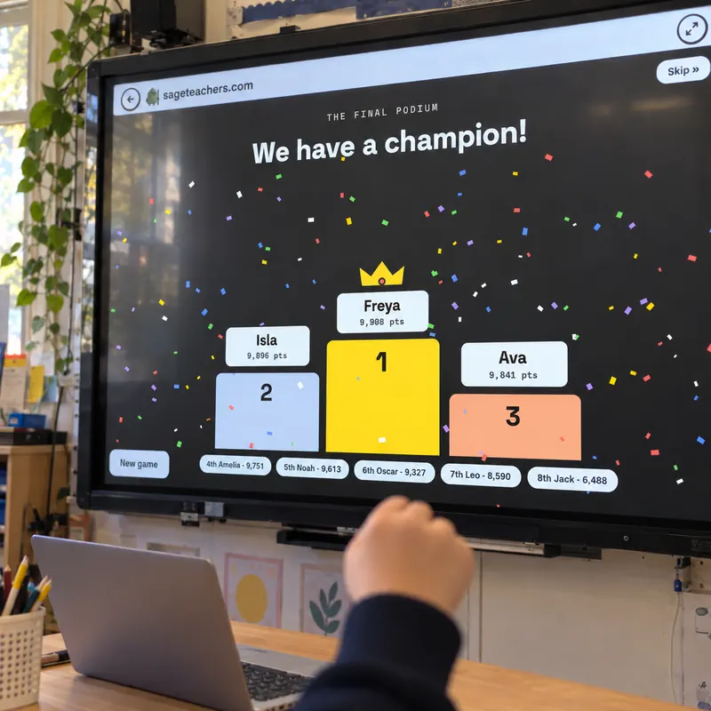 The Keyboard Clash winners' podium on the classroom whiteboard
