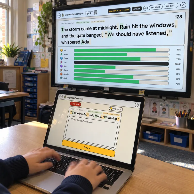 A pupil typing in the race on a laptop, with everyone's progress on the classroom whiteboard