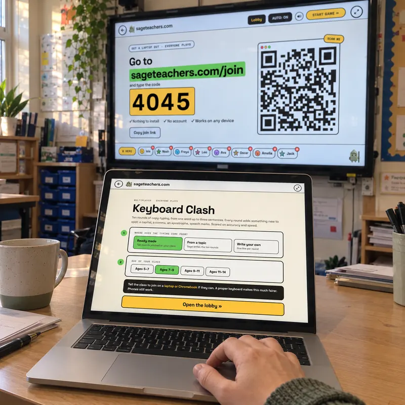 A teacher's laptop setting up Keyboard Clash, with the join code and QR code on the classroom whiteboard