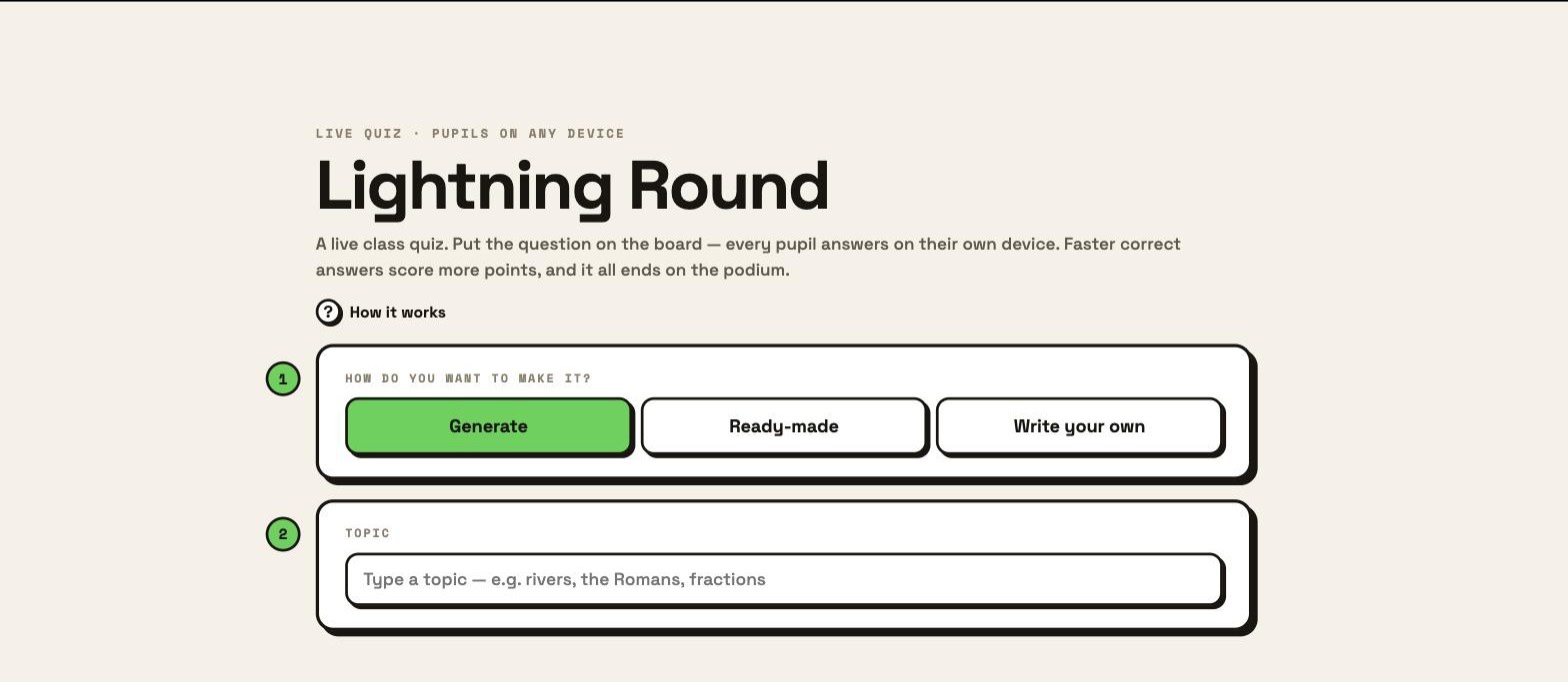 Lightning Round setup screen with Generate, Ready-made and Write your own modes