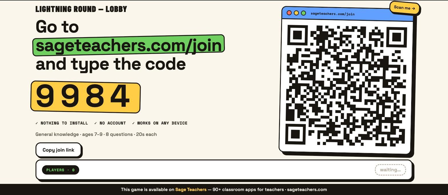 The lobby on the board with a big 4-digit join code and a QR code