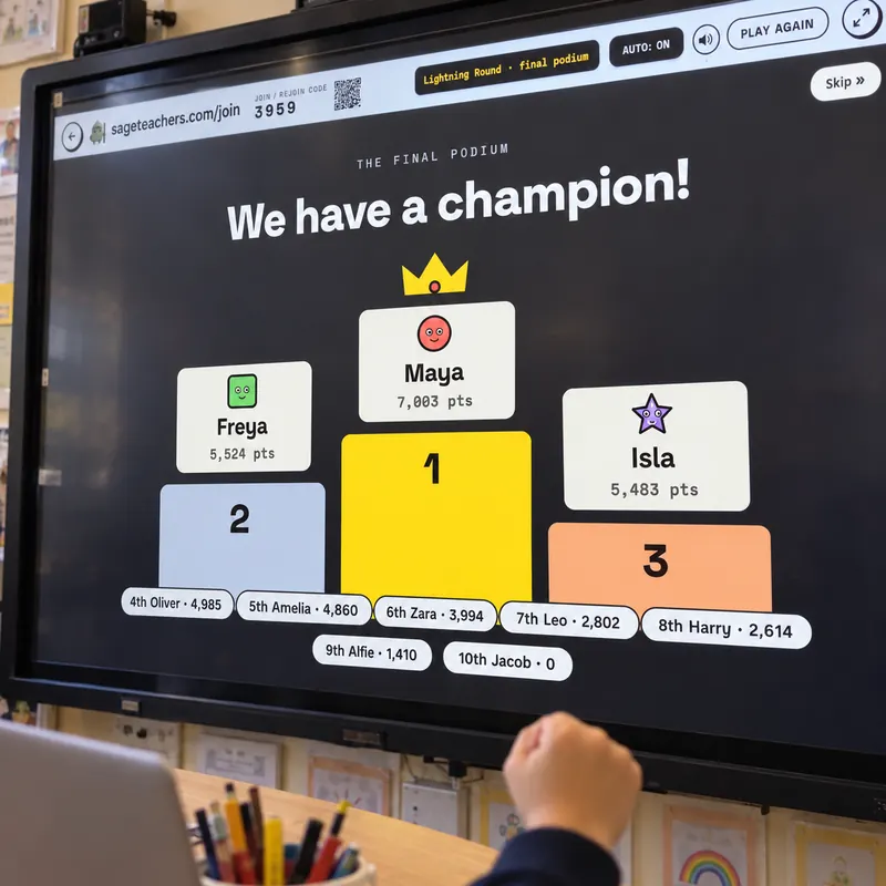 The Lightning Round winners' podium on the classroom whiteboard