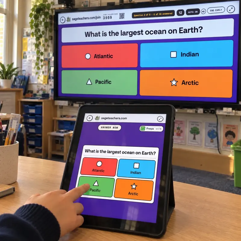 A child's finger tapping an answer on a tablet, with the same quiz question on the classroom whiteboard behind