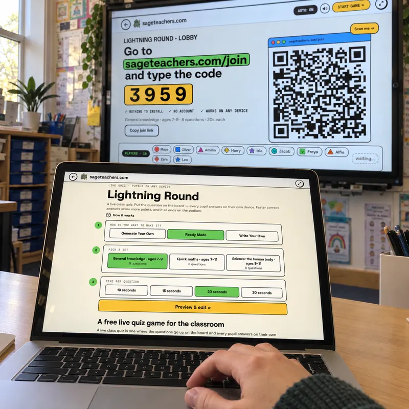 A teacher's laptop setting up Lightning Round, with the join code and QR code on the classroom whiteboard